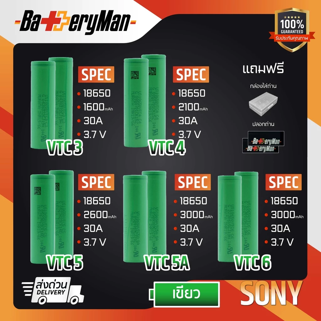 ถ่านชาร์จ 18650 SONY VTC (เเถมเคส+ปลอกถ่าน)(ร้านbatteryman)