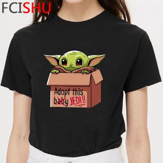 เสื้อยืดลายทางBaby Yoda เสื้อยืดผ้าฝ้ายแขนสั้นพิมพ์ลายสําหรับผู้ชายและผู้หญิงสไตล์เกาหลี เสื้อยืด