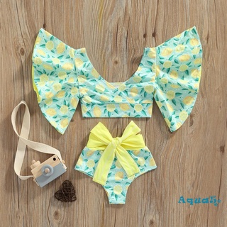 AQQ-Girl´s Two-Piece Bathing Suit, Lemon/Starfish/Stripe Baggy Sleeve Swim Tops + High Waist Bathing Shorts