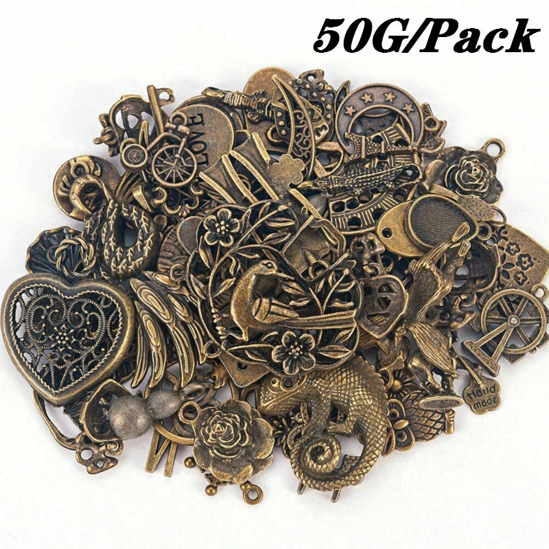 จี้เครื่องประดับ สไตล์วินเทจ สีบรอนซ์และสีเงิน สำหรับงาน DIY ขนาด 50 กรัม