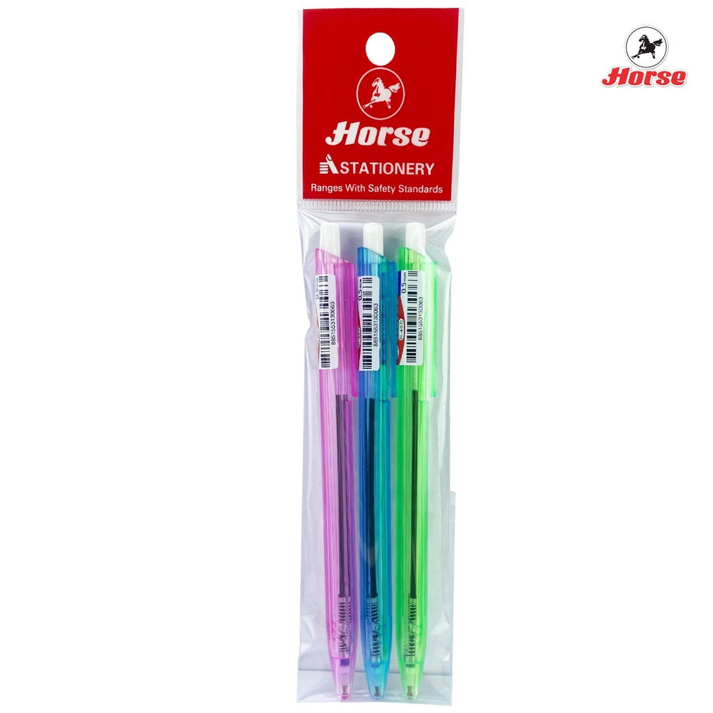 HORSE ตราม้า ปากกาลูกลื่น แบบกด  ด้ามเหลี่ยม 0.5มม. H-407 – หลากสี บรรจุ 3ด้าม /แพ็ค  จำนวน 1 แพ็ค ราคา ถูกที่สุด ดีลบีเคเค แกลเลอรีภาพที่ 2