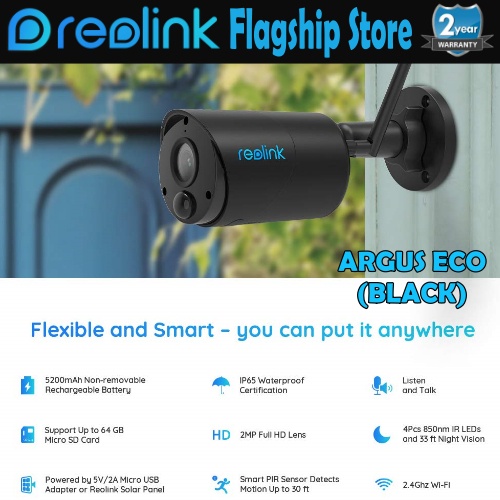 Reolink Argus Eco Black กล้อง IP รักษาความปลอดภัยแบตเตอรี่แบบชาร์จไฟได้ 100%