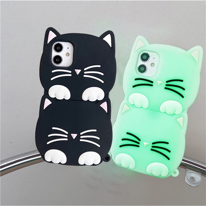 เคสโทรศัพท์มือถือ TPU นิ่ม เรืองแสงในที่มืด กันกระแทก ลายการ์ตูนแมวน่ารัก 3D สําหรับ iPhone 12 13 Pro MAX 11 7 Plus 6 6S SE 2020 X XR XS MAX