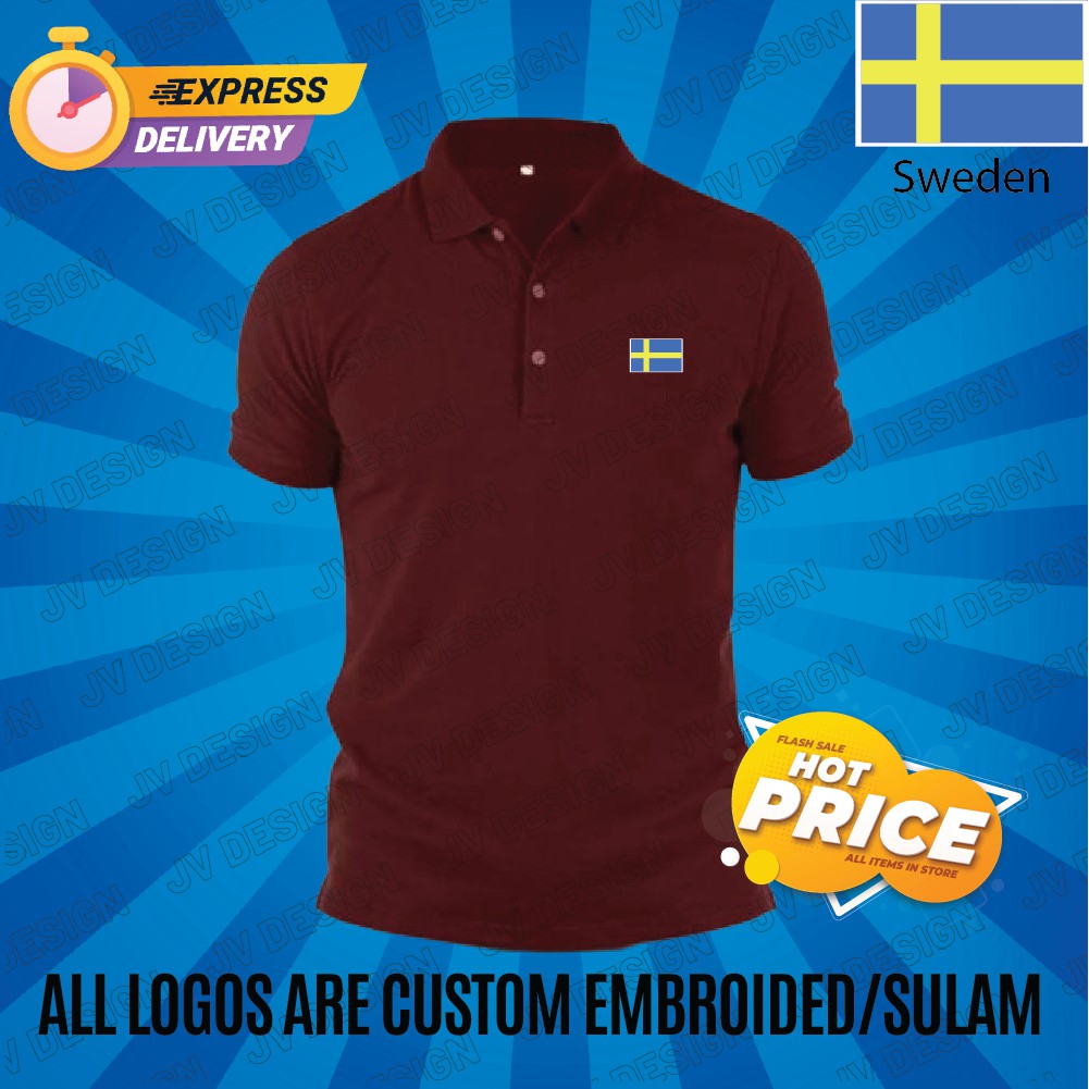 HEBAT🔥 [SULAM] SWEDEN COOL FLAG LOGO POLO EMBROIDERY BAJU LELAKI PEREMPUAN POLO TEE!! ผ้าฝ้าย 100% V