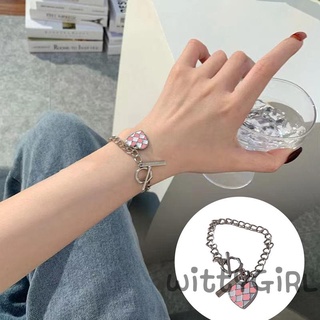 W[]-Women/Girls Bracelets, Checkered Grid Heart-Shaped Pendant Wrist Bracelet, Chain Style Hand Jewelry for Holidays, Mom, Daughter