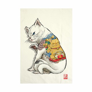 ผ้าแคนวาส พิมพ์ลาย แมวสัก ไม่มีกรอบ  ขนาด 34.5x48.5 ซม. /  Neko Tattoo Fabric Art  Canvas No frame