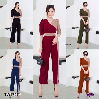 MF17074  Jumpsuit จั้มสูทแขนสั้น ทูโทน เนื้อผ้าวูเวฟ เอวมีสายผูกเก็บทรงชุด มีซิปซ่อนด้านหลัง พร้อมส่ง  เนื้อผ้า Frabic :