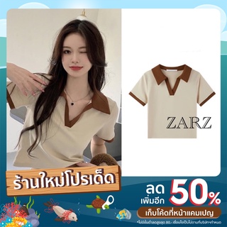 ZARZ.SHOP🍑พร้อมส่ง*เสื้อครอปคอปกเรียบๆ28058