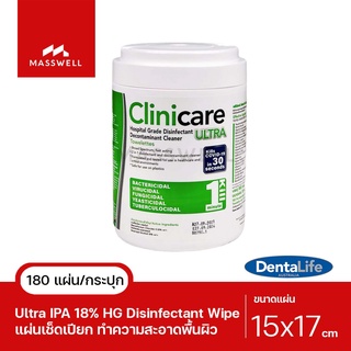 Clinicare Ultra ทิชชู่เปียกฆ่าเชื้อ เกรดโรงพยาบาล HGD Wipes กระปุกเขียว (180แผ่น x1กระปุก) [DL2944]