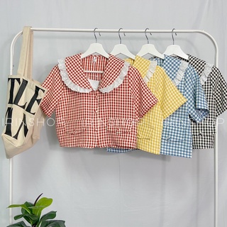 เสื้อแขนสั้นลายสก็อตกระเป๋าคู่