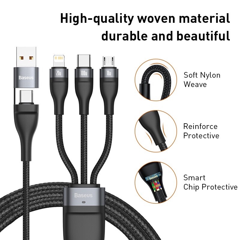 Baseus 3 In 2 สายชาร์จ Usb 100W Fast Charge Data Cable USB to M+L+C IPHONE  Huawei Xiaomi Redmi