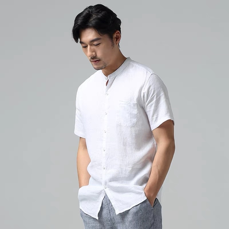 เสื้อเชิ้ตคอจีนแขนสั้น รุ่นกระดุมยาว ผ้า OXFORD (ไซต์ S-XXL)