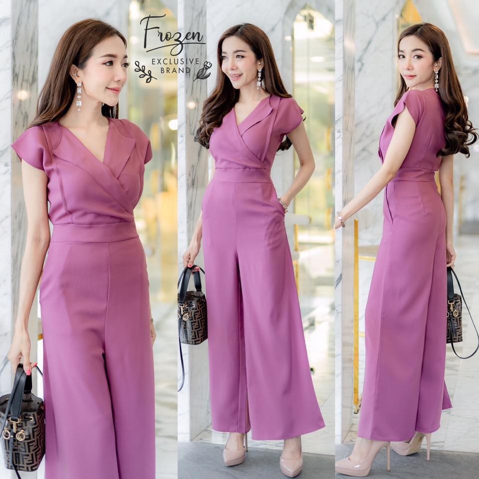hbstation.shop เสื้อผ้าแฟชั่น จั๊มสูทขายาว สีม่วง พร้อมส่ง