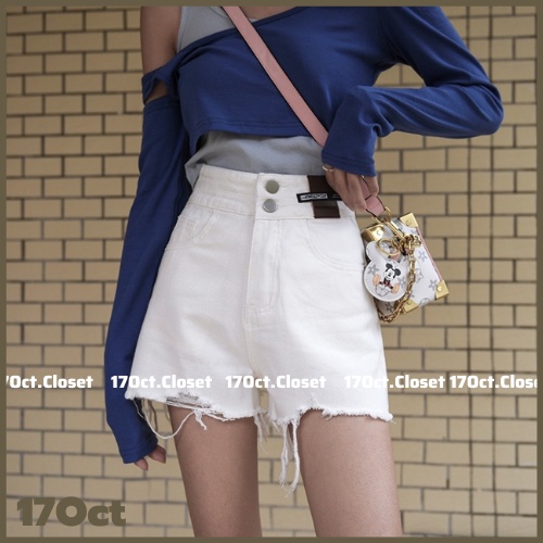 กางเกงยีนส์ขาสั้นเอวสูงขากว้างผู้หญิงขนาดใหญ่กางเกงขาสั้นผ้ายีนส์ขาดเอวสูงใส่อยู่บ้าน 17Oct รหัส คิว