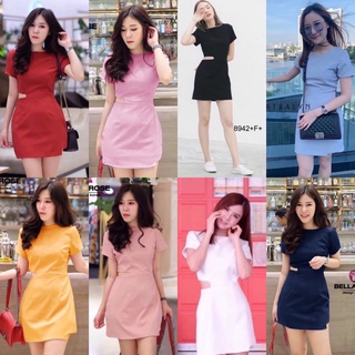 💕💗เดรสเที่ยว Dress ชุดเดรสคอกลม แขนสั้นสีพื้นผ้าฮานาโกะ น่ารัก คุณหนู สดใสสุดๆ ทรงน่ารักใส่กำลังพอดีตัว