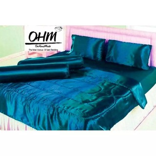 OHM ผ้าปูที่นอนและผ้านวม ผ้าเครปซาติน 220 เส้น ขนาด 7 ฟุต 6 ชิ้น (สีฟ้าอมเขียวเข้มน้ำทะเล)