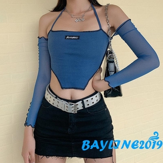 Bay - เสื้อครอปแขนยาวโชว์หลัง แบบลําลอง แฟชั่นสําหรับผู้หญิง