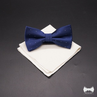 เซ็ทหูกระต่ายสีน้ำเงิน + ผ้าเช็ดหน้าสูทวูล-Blue Bowtie + Wool Pocket square Set