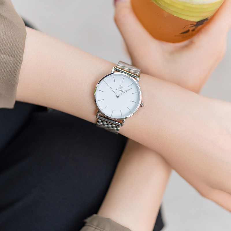 WWOOR แบรนด์ชั้นนำแฟชั่นลำลองสุภาพสตรีนาฬิกาสุภาพสตรีสแตนเลสตาข่ายสายนาฬิกาควอทซ์ฟรีกล่อง 8840