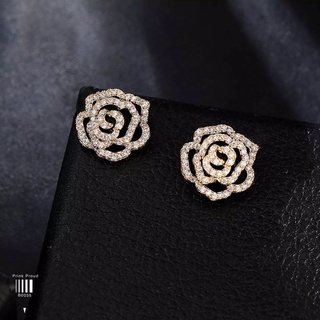 Korea Earrings ต่างหูทรงดอกไม้สีดำประดับคริสตัล