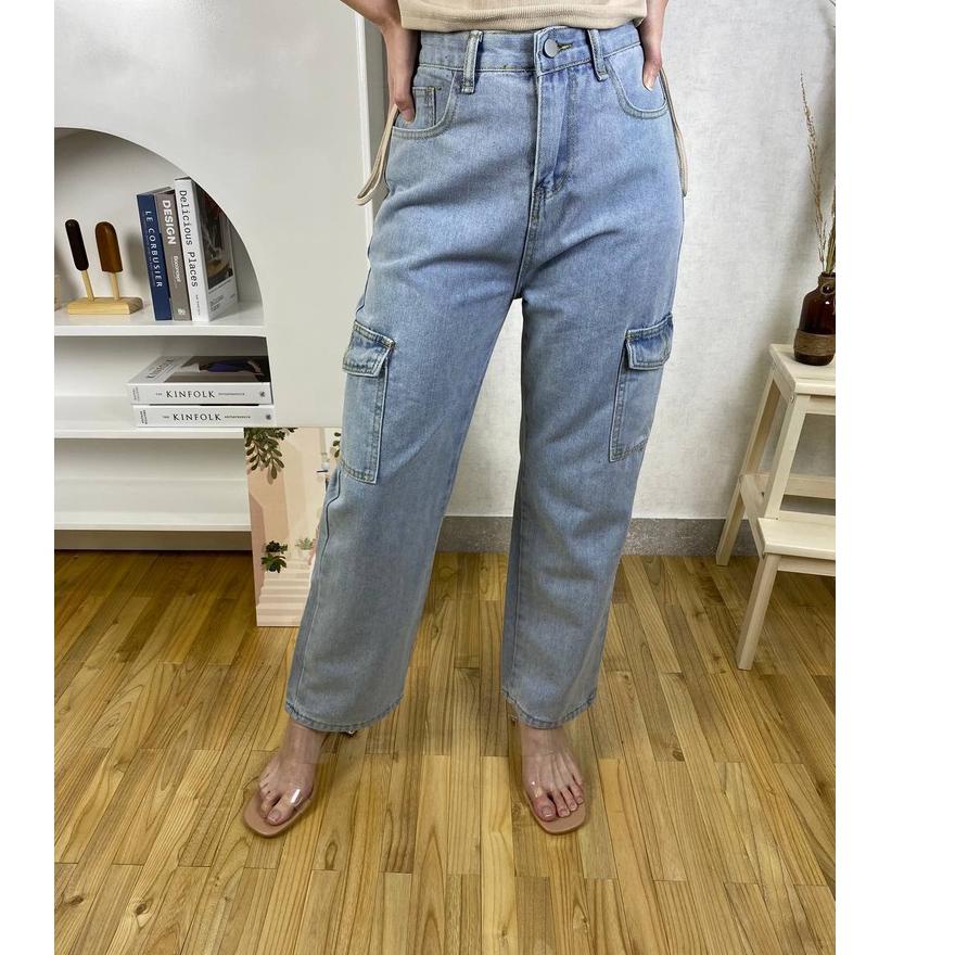 (สต็อกจํากัด) yeonin.id - กางเกงยีนส์คาร์โก้เอวสูงนําเข้าของผู้หญิงร่วมสมัย X56