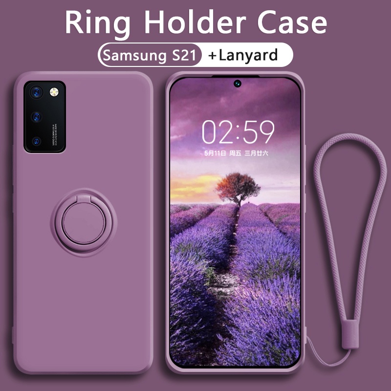 เคส Samsung S21 FE Plus Ultra โทรศัพท์มือถือซิลิโคนสีพื้นพร้อมแหวนตั้งได้สําหรับ พร้อมสายห้อยมือถือ