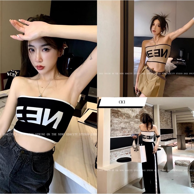 Cici ❣พร้อมส่ง❣(NO.H01) เสื้อเกาะอกไหมพรม ปักลายตัวอักษรแบบเก๋ๆ ทรงสวย รัดรูปเซ็กซี่ สุดๆ