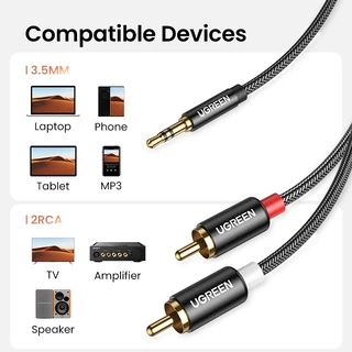 UGREEN 3.5มม.to 2RCA สายเคเบิ้ลเสียงสเตอริโอ Hifi ไนล่อนถัก