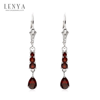 Lenya Jewelry ต่างหูโกเมน เงินแท้ 925 ชุบทองขาว ประดับด้วย พลอยสีแดง โกเมน(Garnet)