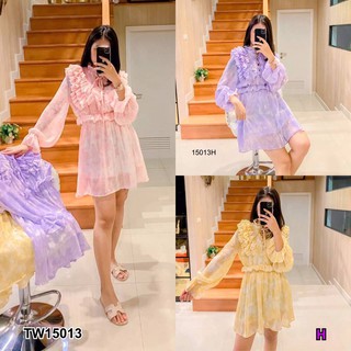 MF15013    Dress เดรสชีฟองแขนยาว อกระบาย สานเชือก มีซับใน เอวสม็อค ใส่สบาย พร้อมส่ง