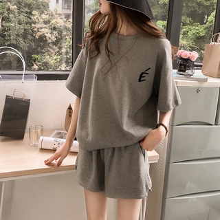(M-4XL) ชุดเซ็ต 2 ชิ้น สีเทา เสื้อแขนสั้น + กางเกงขาสั้น #5396
