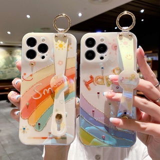 เจาะจุด แฟชั่น สายรัดข้อมือ รุ้ง happy เคส iPhone 14 plus 13 pro 12 max x xr xs max 7plus 8 se 2020 11 pro max case