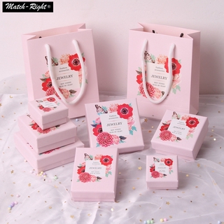 Flower Design Jewelry Box Inside Sponge Pink Gift Bag Paper Box Earrings Storage Necklace Case