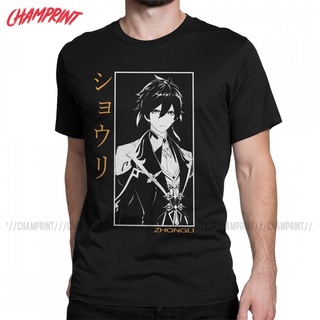 Zhongli Genshin Impact เสื้อยืดลําลองสําหรับผู้ชายผู้หญิงแขนสั้นพิมพ์ลายการ์ตูน