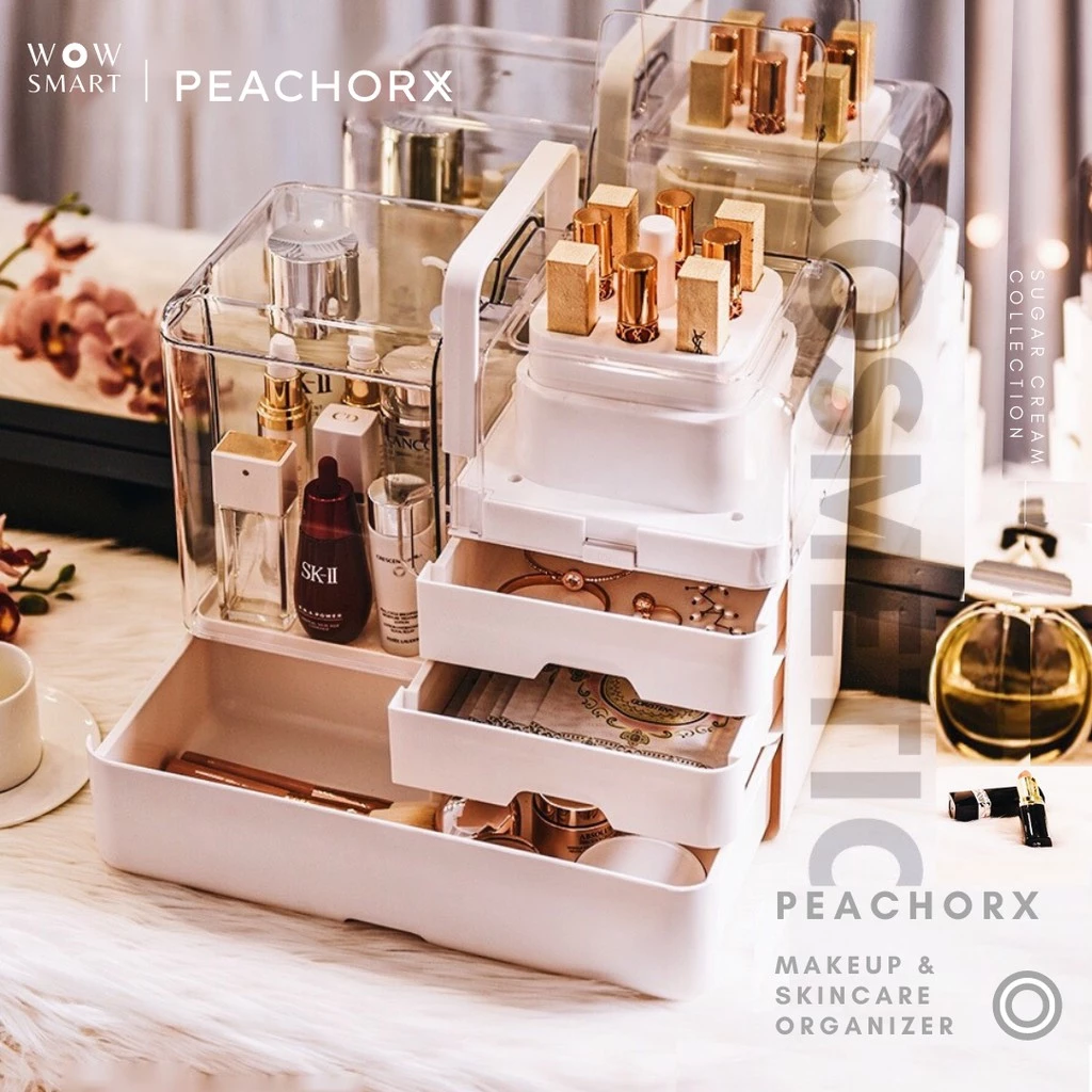 PEACHORXกระเป๋าเครื่องสำอางสกินแคร์พกพาเกาหลีกล่องเก็บเครื่องสำอางชั้นวางลิปสติกที่เก็บเครื่องประดับเก็บของเอนกประสงค์