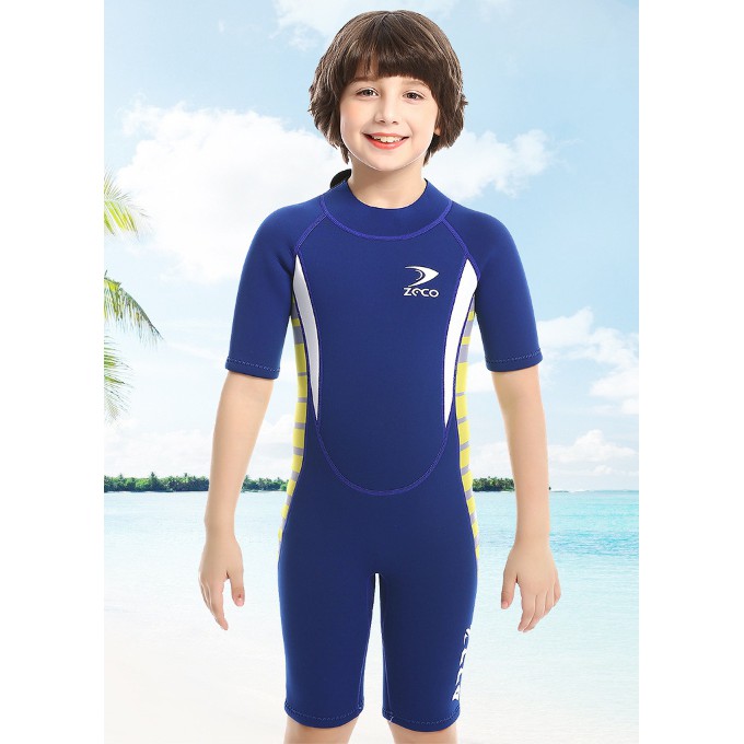 (แถมหมวก) ชุดว่ายน้ำเด็กควบคุมอุณหภูมิ แขนขาสั้น ใส่ง่าย กันหนาว Swimsuit แถมหมวก พร้อมส่งในไทย