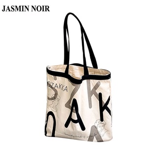 Jasmin NOIR กระเป๋าสะพายไหล่ กระเป๋าถือ ผ้าแคนวาส พิมพ์ลายตัวอักษร ขนาดใหญ่ สําหรับสตรี