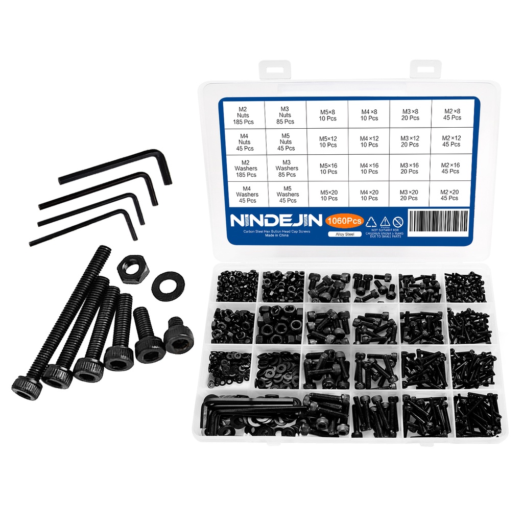NINDEJIN 1060 ชิ้น M 2 M 3 M 4 M 5 Hex Socket Screw Set ชุดสกรูเหล็กคาร์บอนพร้อมกล่องจัดเก็บ notebook laptop screw round flat hex head small screw