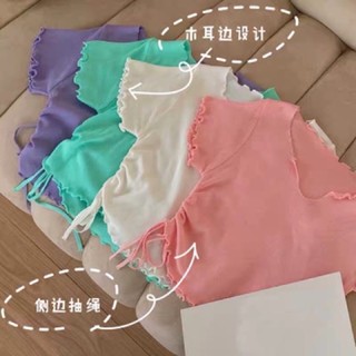 Women 🍡พร้อมส่ง🍡เสื้อยืดแขนสั้นแต่งหยัก รูดข้าง บุ้งงิ้วมาก(3123)