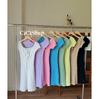 Cicishop(058) เดรสแขนสั้น ดีเทลผูกโบว์หน้าอก  แขนตุ๊กตา ผ้านุ่มๆ สีพาสเทล น่ารักสดใส สไตล์เกาหลี