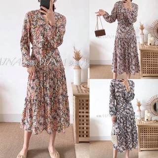 เสื้อผ้าแฟชั่นใหม่-Trendy แซคผ้าชีฟองลายดอกเนื้อผ้าอย่างดี มาด้วยทรงคอวี แขนยาว เน้นดีเทลกดระบายเป็นชั้นๆ มีสม๊อคด้านหลั