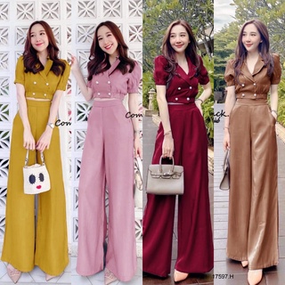 GN17597 Set 2 ชิ้น เสื้อครอปปกแขนพองติดกระดุม + กางเกง