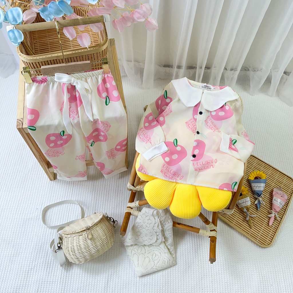 ชุดชุดนอนผ้าไหมมะม่วงพิมพ์ลายคอปกระบายสําหรับเด็กผู้หญิง - BPN22 - Babi mama