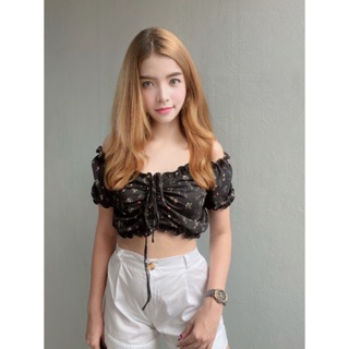 ‼️ถูกที่สุด ไม่ซ้ำใคร‼️เสื้อครอป รูดหน้า ผ้าบางชีฟองพิมพ์ลาย ใส่ได้หลายแบบ ปาดไหล่ได้ เอวลอย