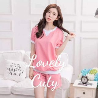 พร้อมส่ง!!ชุดเสื้อ+กางเกงสีชมพู