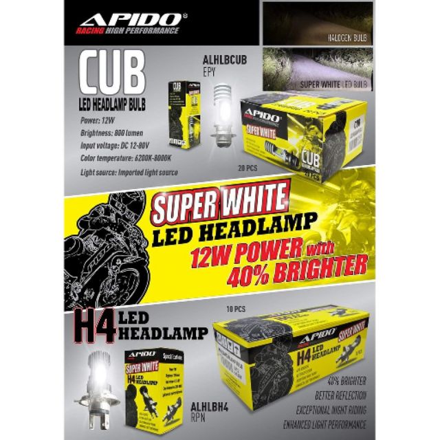 Apido /Thc หลอดไฟ Led Cub/H4 Y15ZR/LCV4/EX5 Super White