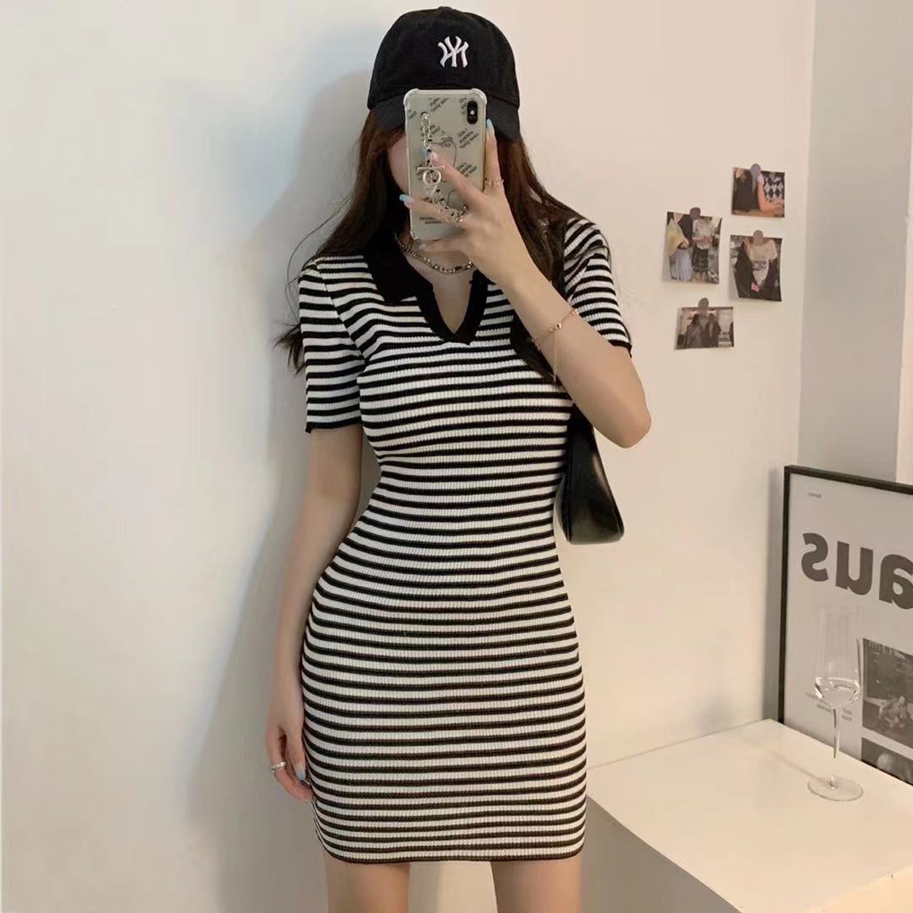 Miki-Shop*พร้อมส่ง เดรสโปโลคอปกลายทาง 77010*