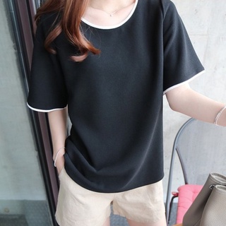 เสื้อยืดคอกลมแขนสั้นสีพื้น ดำ/ขาว ผ้าหนานุ่ม แต่งดีเทลเย็บขอบเสื้อ นิ่ม ใส่สบาย ไม่บาดผิว แฟชั่นเรียบๆ (พร้อมส่งในไทย)