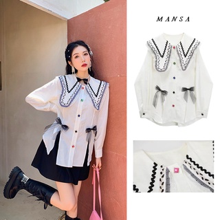 MANSA white jacquard bow shirt เสื้อเชิ้ตโบว์แจ็คการ์ดสีขาว เสื้อเชิ๊ต เชิ้ตแขนยาว น่ารักผู้หญิง