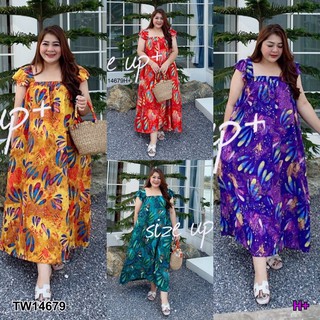 Maxi Dress #BigSize เดรสยาว คอเหลี่ยมสม็อกอก แขนระบาย เนื้อผ้าสปันลายกราฟฟิก มีกระเป๋า2ข้าง